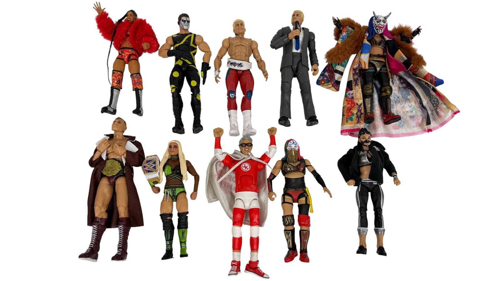 Lot of 10 WWE and AEW Wrestling Action Figures: Lot of ten WWE and AEW wrestling action figures with accessories and unique costumes. Private collector item, vintage estate collectible.