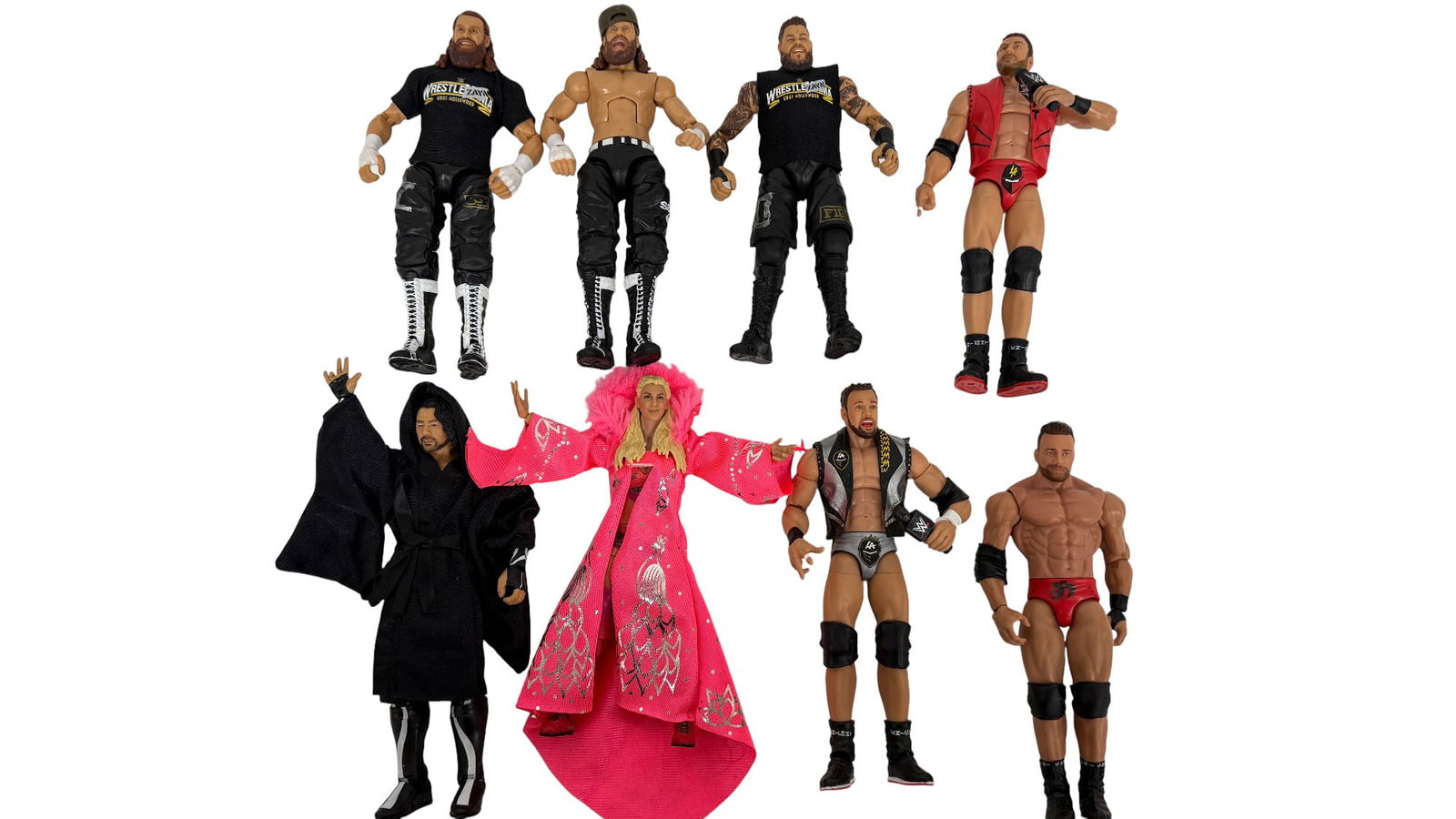 Lot of 9 WWE and AEW Wrestling Action Figures: Lot of nine WWE and AEW wrestling action figures, including modern wrestlers with accessories. Private collector item, vintage estate collectible.
