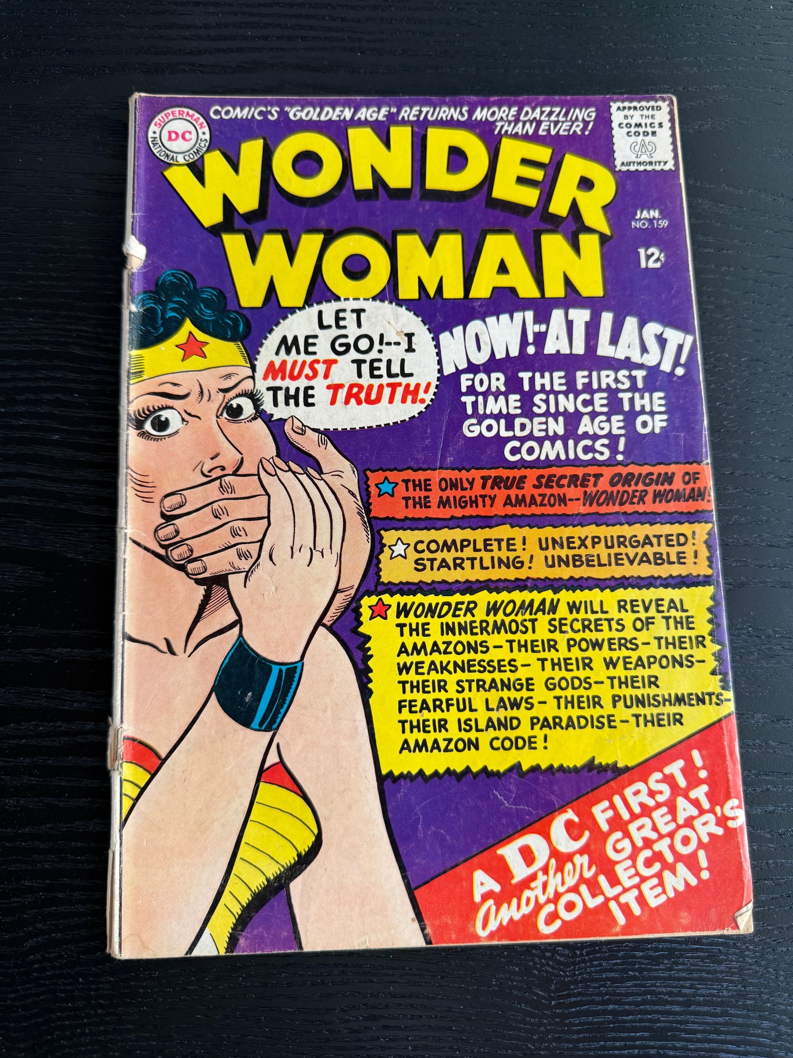 Wonder Woman #159 (Jan, DC, 12¢): Silver Age origin-themed issue; bold purple cover; spine ticks and creases visible.