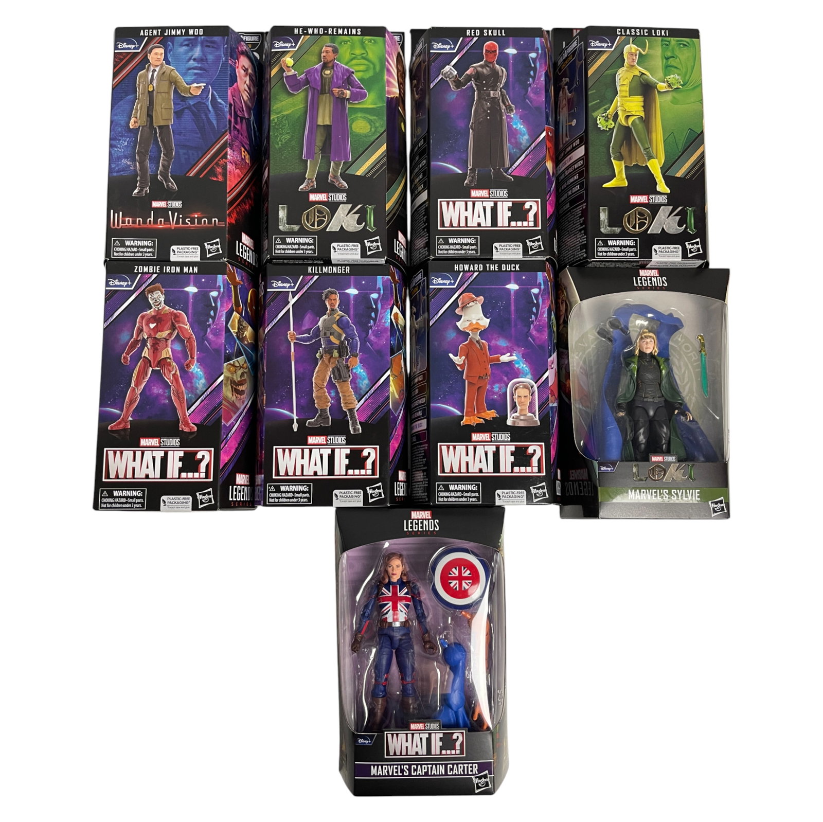 Lot of Marvel Legends What If Figures: Lot of Marvel Legends What If figures including Loki, Red Skull, Sylvie, Zombie Iron Man, and more. Private collector item, vintage estate collectible.