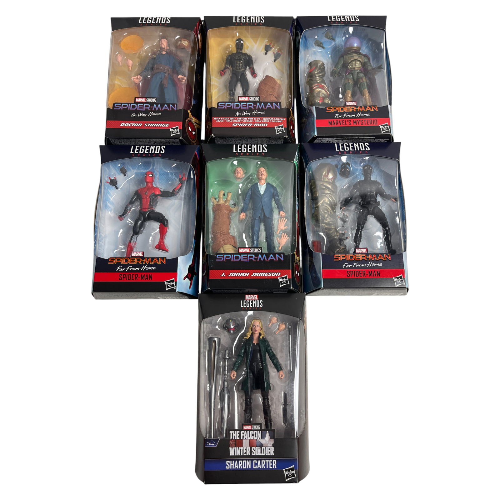 Marvel Legends Spider-Man & Villains Lot: Lot of seven Marvel Legends action figures including Doctor Strange, Mysterio, Spider-Man, J. Jonah Jameson, and more. Figures are boxed and highly detailed.