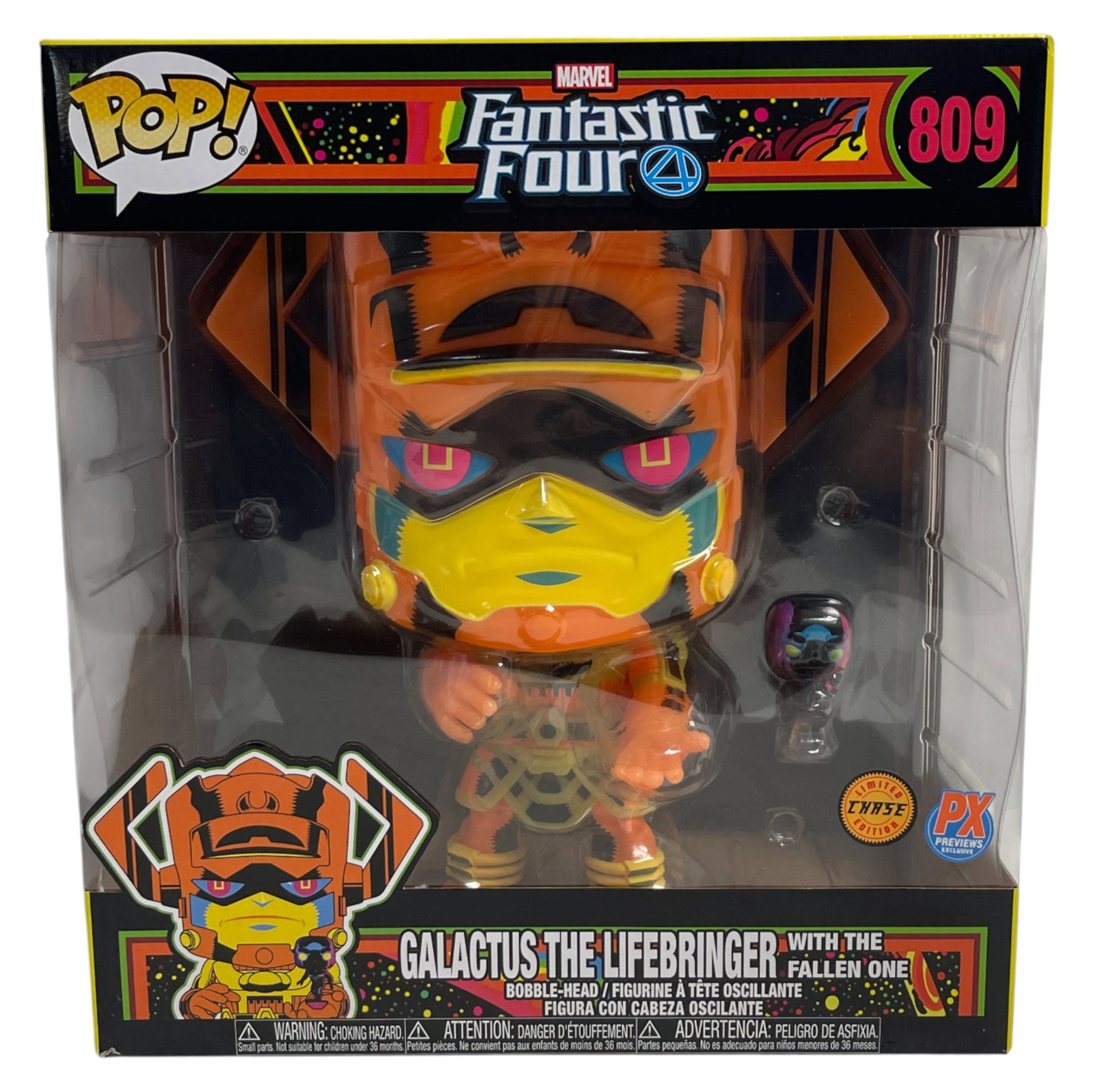 Funko Pop Galactus The Lifebringer: Funko Pop! Marvel Fantastic Four #809 Galactus The Lifebringer with The Fallen One. PX Previews Exclusive Chase Edition. Highly collectible figure in box.
