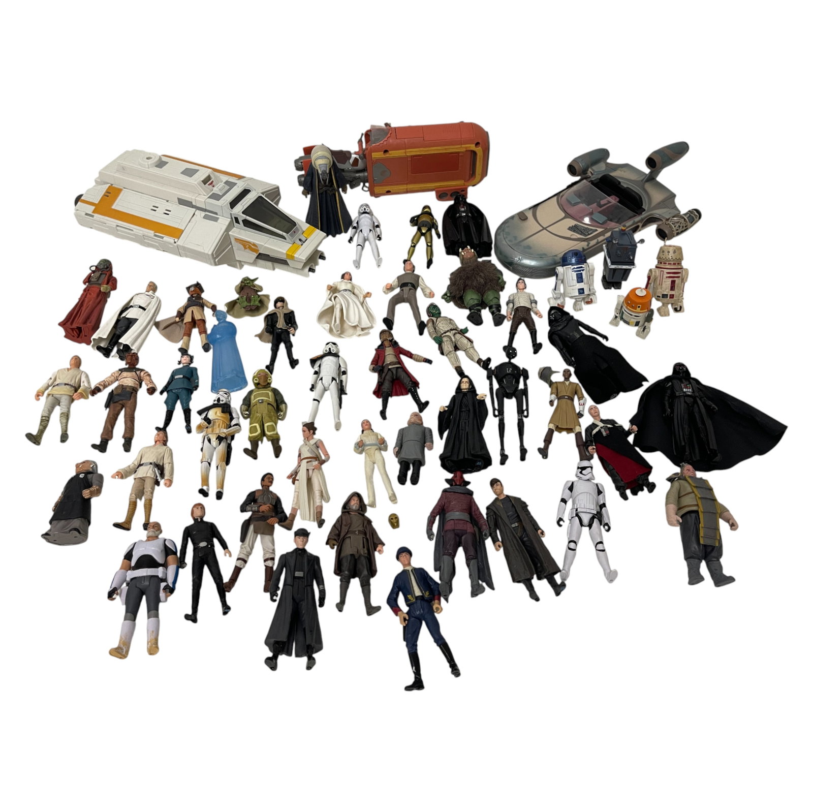 Star Wars Figures and Vehicles Collection: Star Wars loose figure lot with vehicles including Landspeeder and Shuttle. Features Jedi, Sith, droids, Stormtroopers, and more from across the saga.