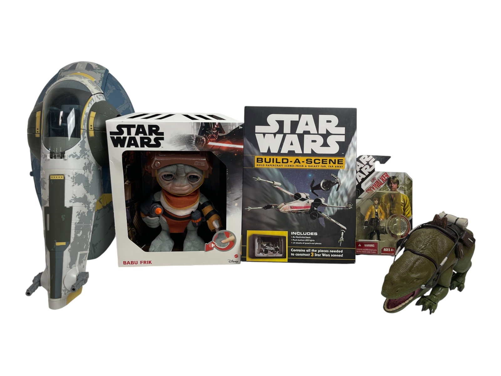 Star Wars Collectibles Bundle: Includes Slave I ship, Babu Frik figure, Build-A-Scene kit, Luke Skywalker figure, and Dewback creature. Private collector item.