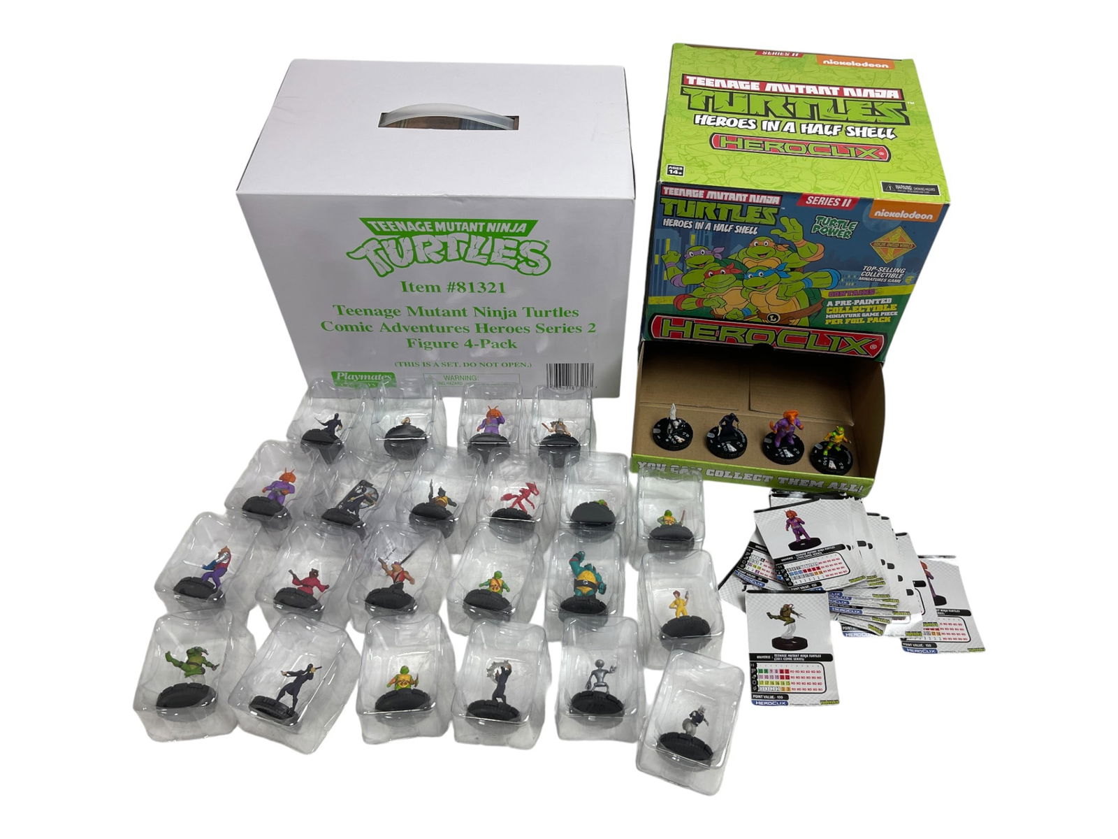 Teenage Mutant Ninja Turtles HeroClix Figures: Teenage Mutant Ninja Turtles HeroClix miniatures from a private collector, featuring Leonardo, Donatello, Michelangelo, Raphael, April O?Neil, and villains from the TMNT universe. Packaged figures are