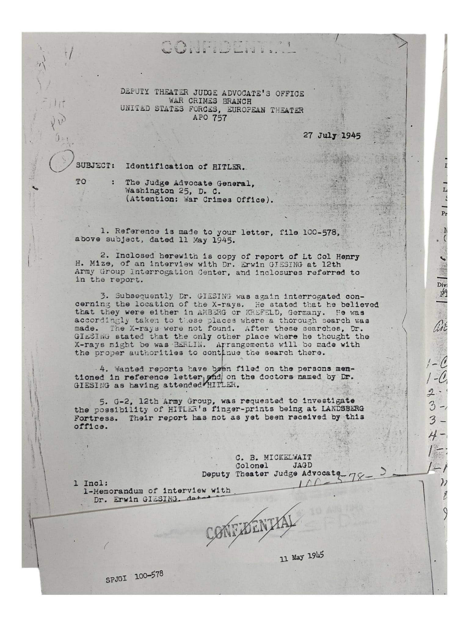 WWII Document Identification of Hitler July 27, 1945: Original confidential document dated July 27, 1945, identifying Hitler post-war. Signed by Deputy Theater Judge Advocate Colonel Mickelwait, significant WWII historical piece.