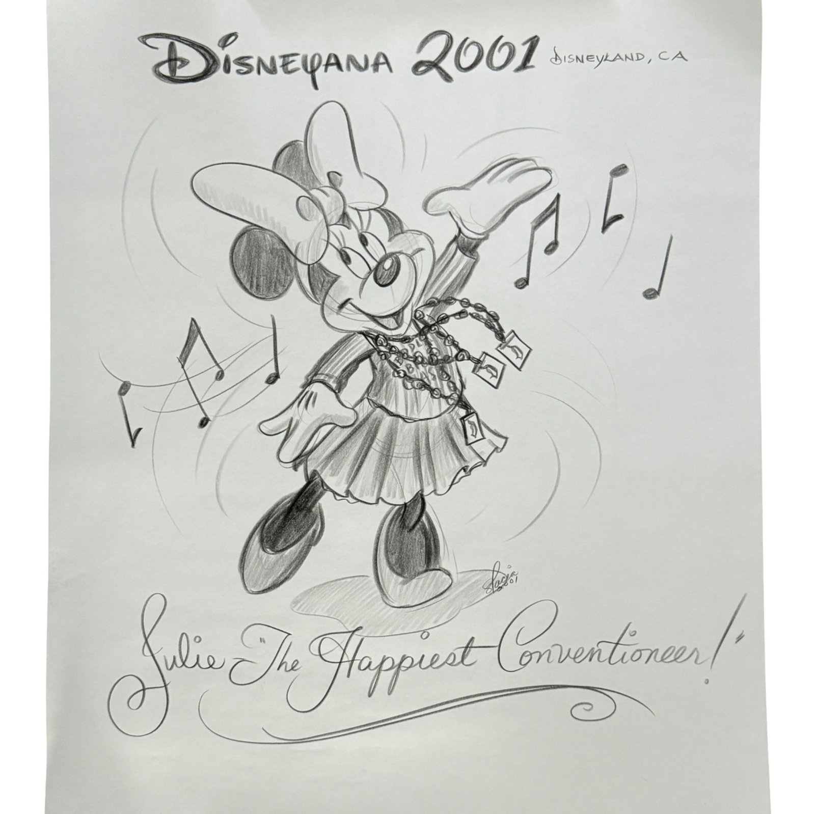 Disneyana 2001 Minnie Mouse Sketch: Disneyana Convention 2001 original Minnie Mouse sketch inscribed 'Julie The Happiest Conventioneer!' A charming Disney collectible signed by the artist. Private collector item.