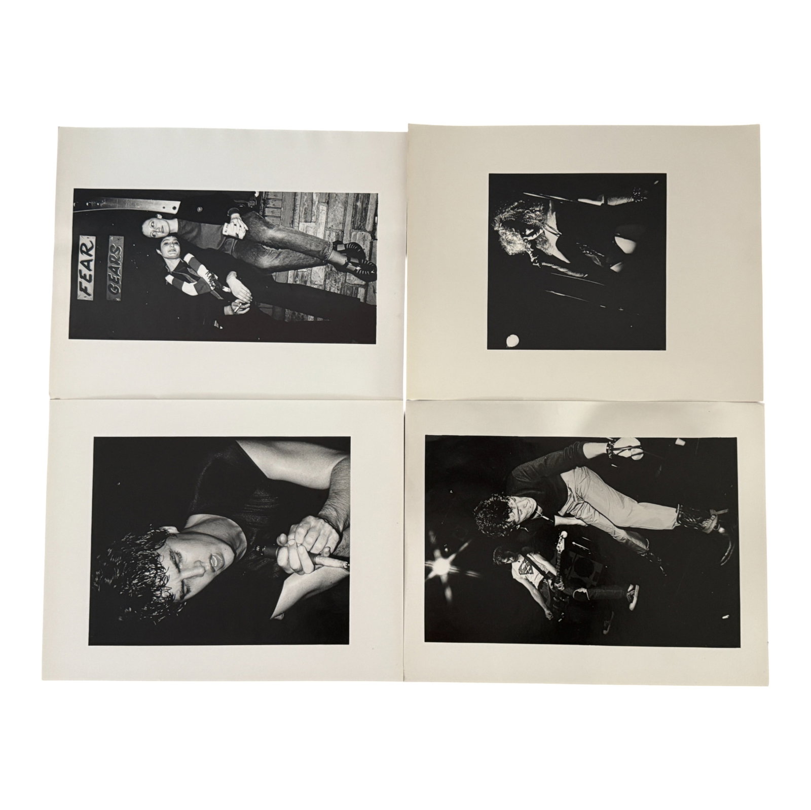Vintage Punk Rock Concert Photos Lot: Lot of four black-and-white punk rock concert photographs capturing band performances and candid shots. Powerful historic music photography. Private collector item.