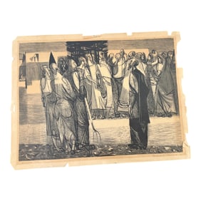 Mid-Century Modernist Lithograph Crowd Scene