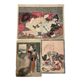 Antique Japanese Shunga Woodblock Prints Lot 2