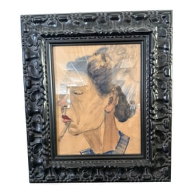 Framed Portrait Watercolor Smoking Woman