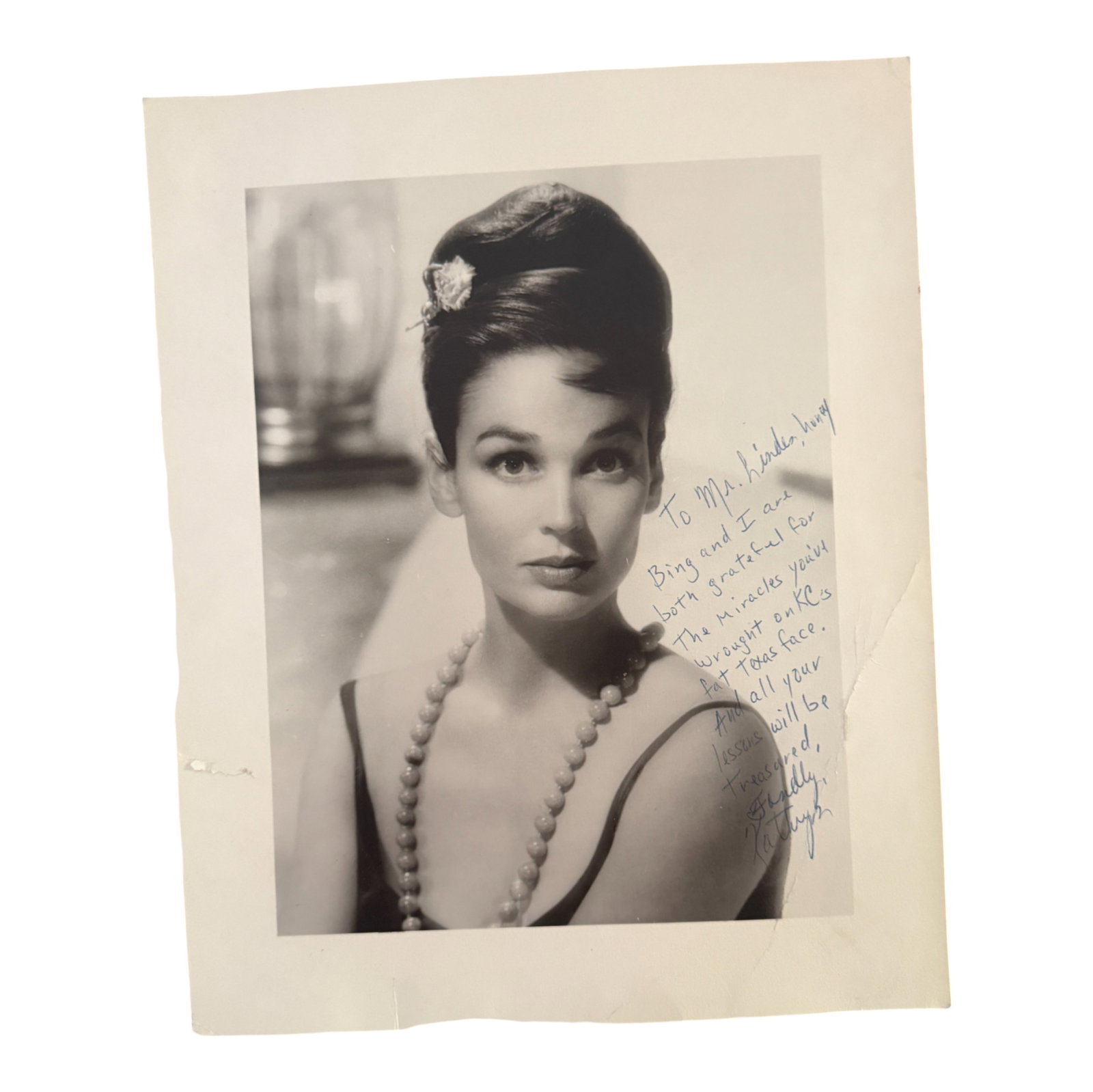Vintage Signed Hollywood Actress Photo: Vintage black and white Hollywood actress photograph, inscribed and signed. Striking portrait collectible. Private collector item.