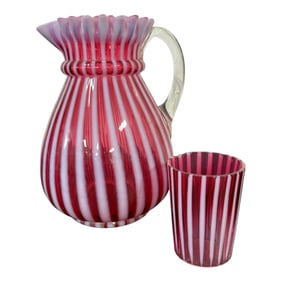 Cranberry Stripe Art Glass Pitcher with Tumbler