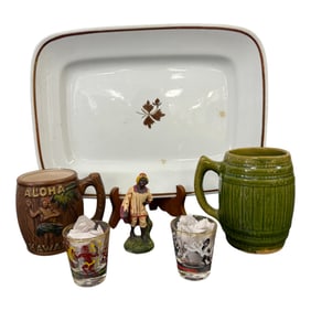 Vintage Pottery Mugs, Figurine, and Tray Lot