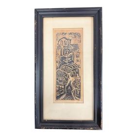 Woodcut Print - Village Scene