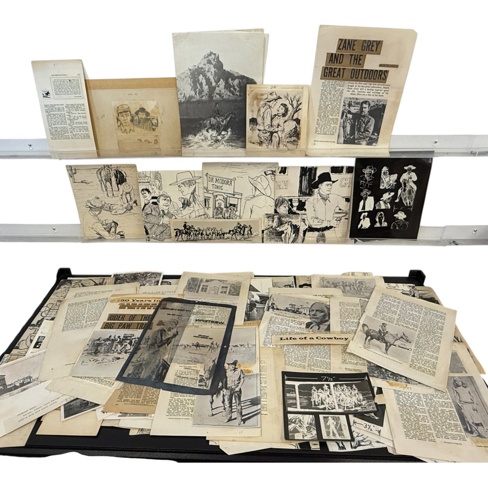 Western & Cowboy Ephemera Lot (50+): Collection of 50+ vintage ephemera pieces including illustrations, newspaper clippings, and cowboy-related prints. Features Zane Grey content and illustrated scenes.