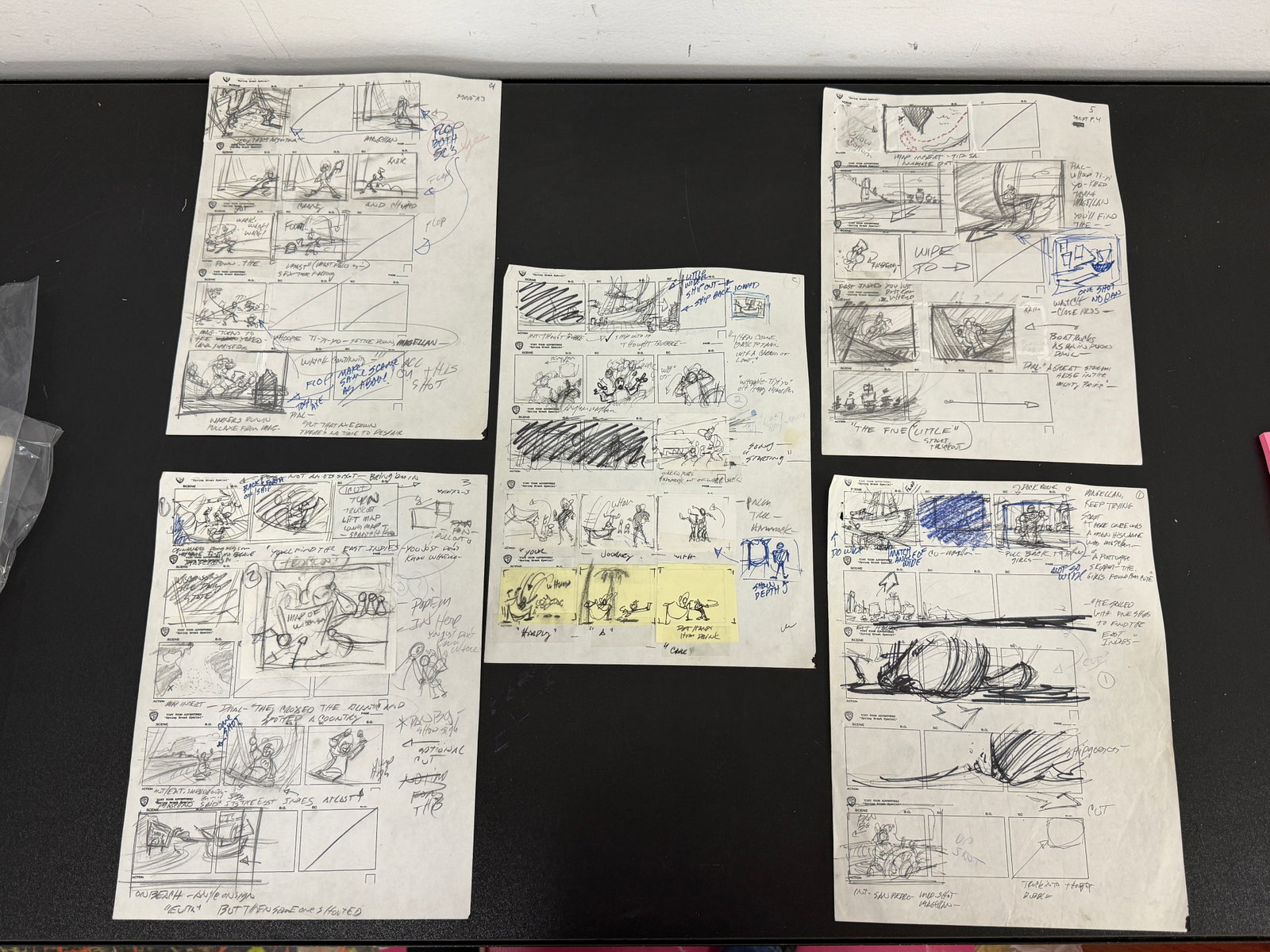 Storyboard Sketches Collection: Lot of 5 pages of original storyboard sketches with detailed notes and illustrations for animation/film production.