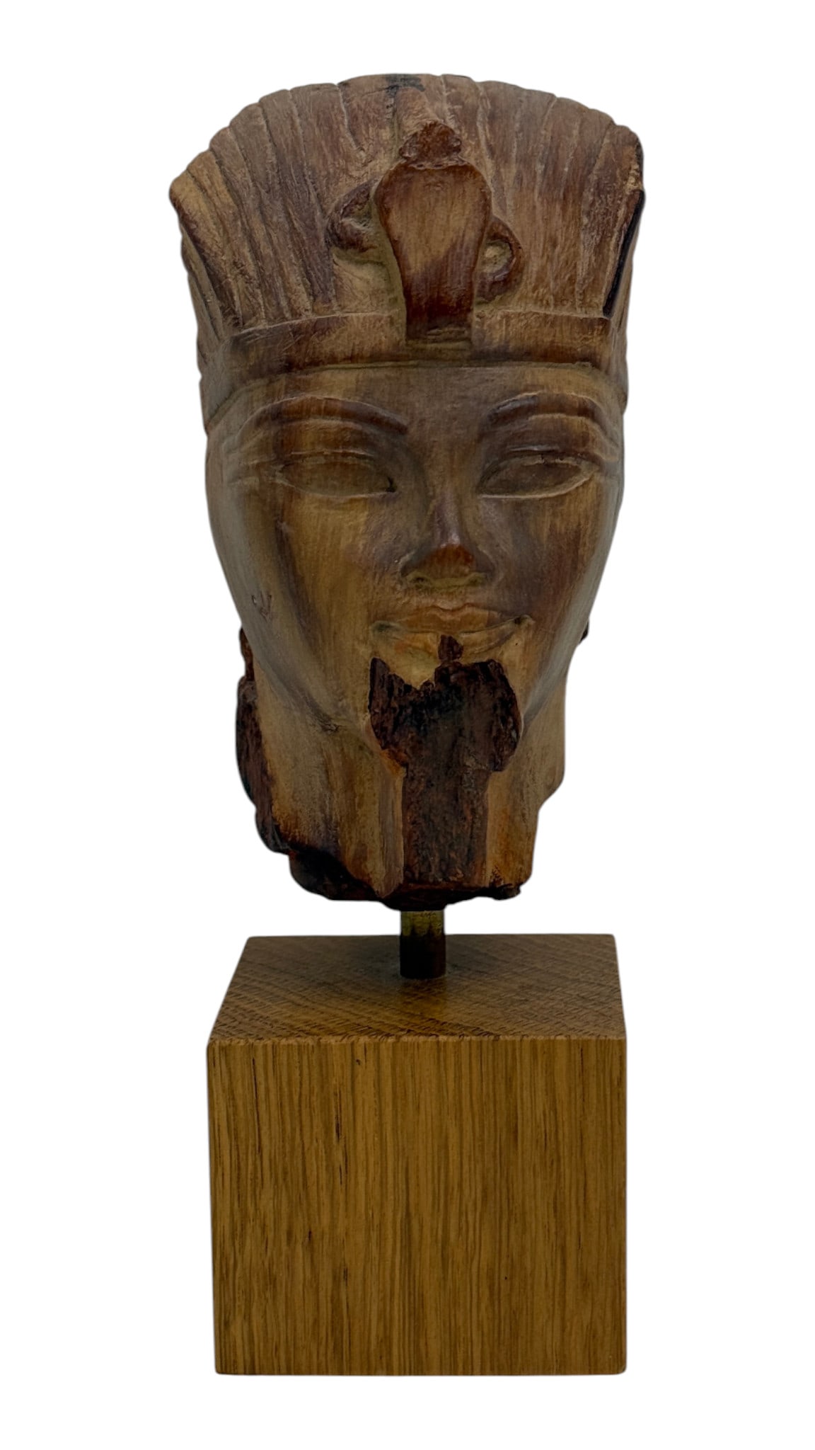 Egyptian Wooden Head of Amenhotep: Egyptian Wooden Head of Amenhotep. From the estate of egyptologist Andrew Cunningham. Approximately 7" tall with stand.