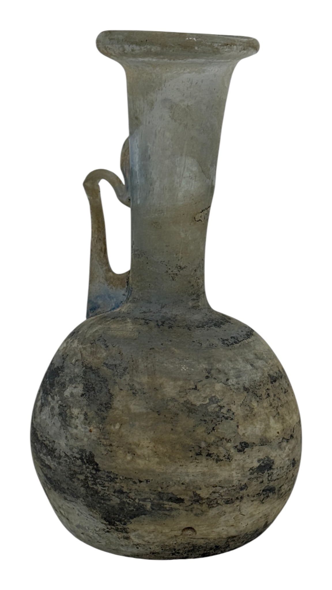 Ancient Roman Glass Jug with Handle: Ancient Roman glass jug with flared mouth and handle. Translucent body with mineral encrustations and iridescence from burial. 5 1/2" tall.