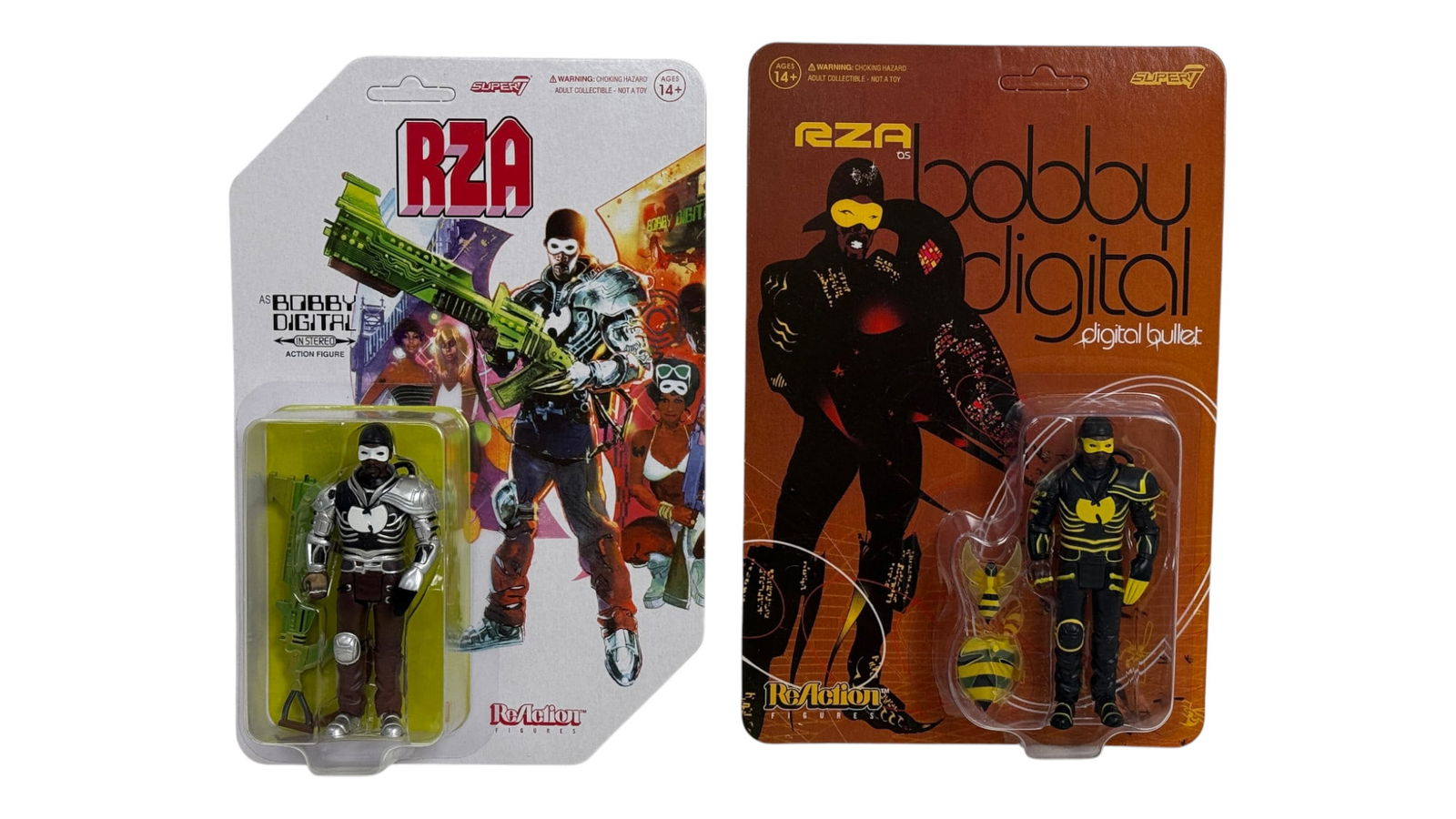 RZA as Bobby Digital ReAction Figures Set of 2: RZA as Bobby Digital action figures, ReAction line. Set of 2 in original packaging. Highly collectible Wu-Tang Clan memorabilia.