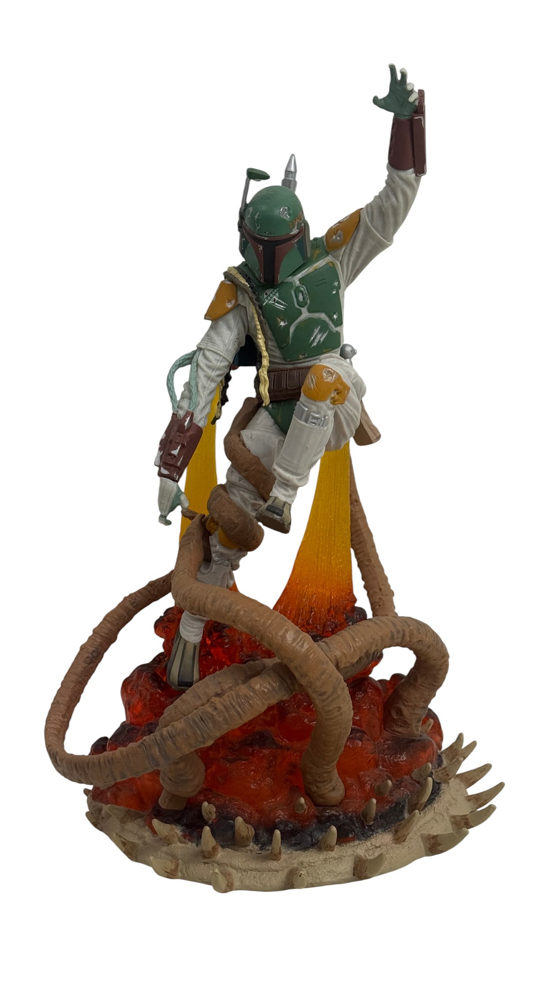 Star Wars Boba Fett Figure Diorama Statue: Star Wars Boba Fett figure statue in dynamic diorama with flames and tentacles. Detailed collectible piece.