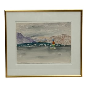 Lake Landscape with Sailboats Watercolor painting signed Dorothy Knowles