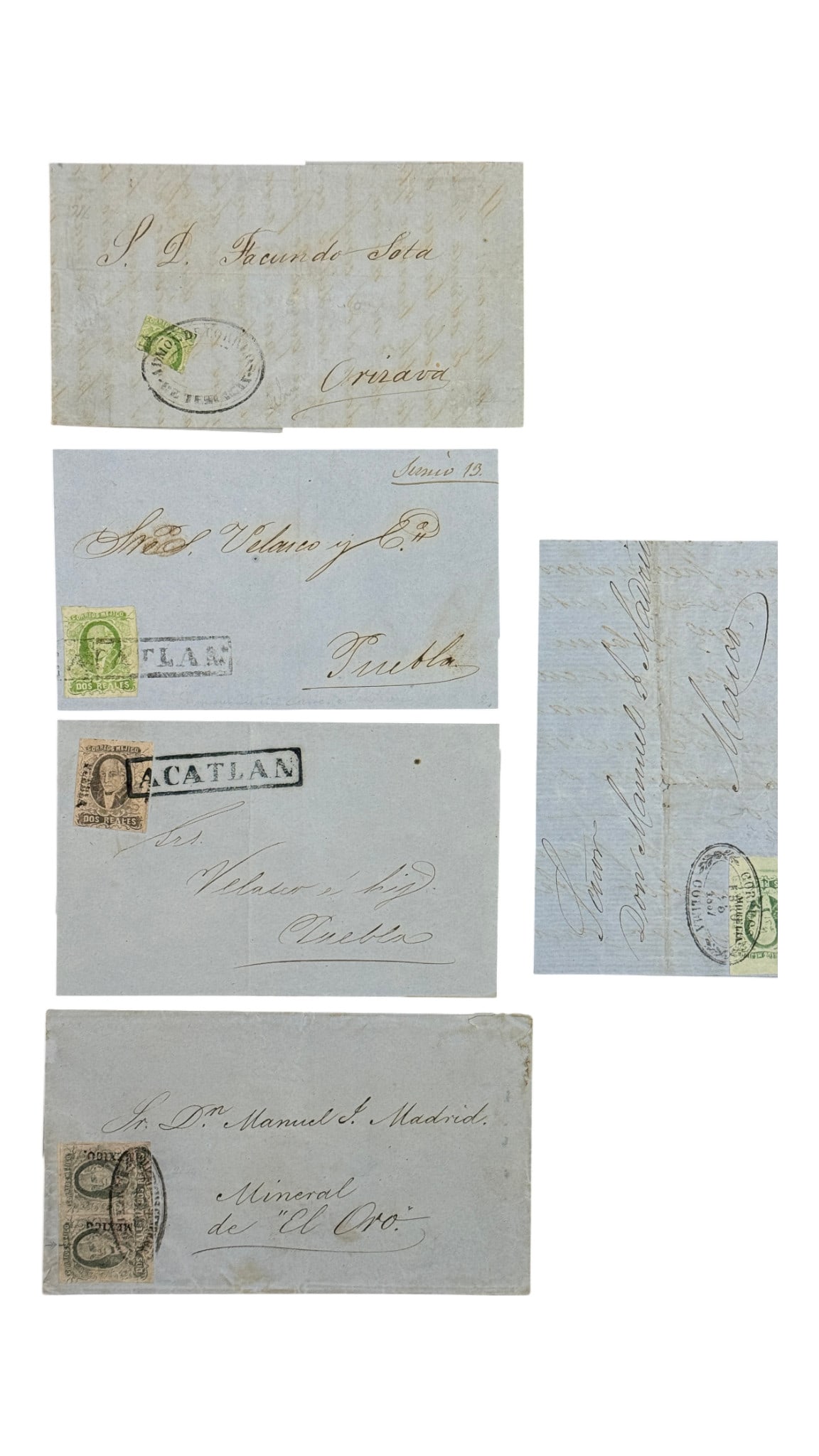 Mexico Postal History Covers: Lot of 5 early Mexico postal history covers, various frankings and cancels. Nice variety for postal historians.