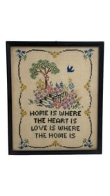 Framed Vintage Needlework Sampler 'Home Is Where The Heart Is'