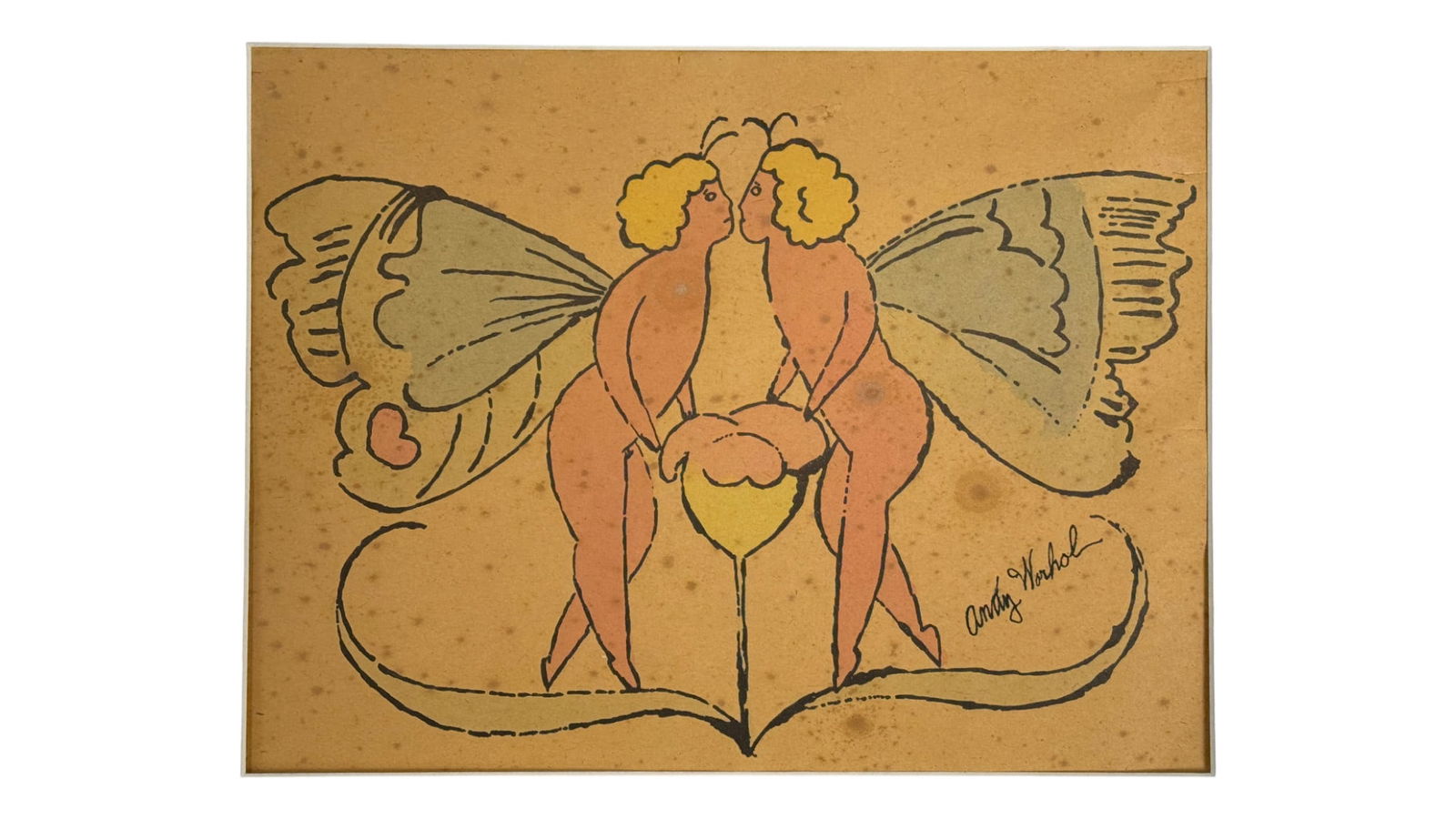 Andy Warhol Style Butterfly Lovers Print: Andy Warhol style pop art print of two nude figures with butterfly wings, whimsical and surreal. Private collector item.