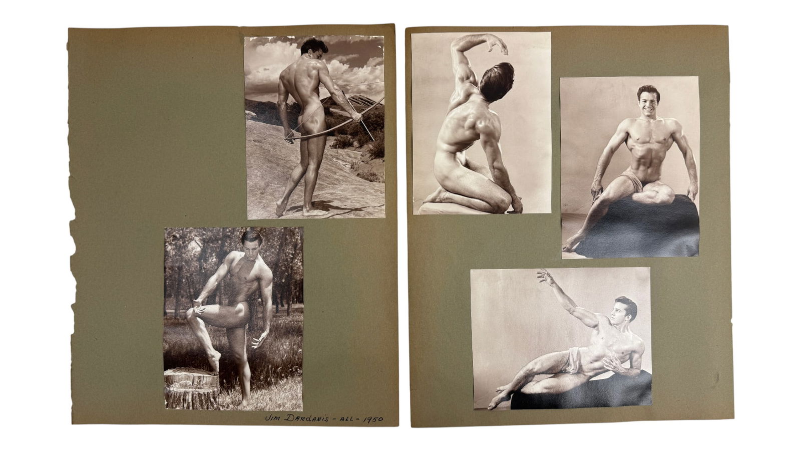 Stan McIntosh Male Nude Photographs (5): Set of five original 1940s photographs featuring Stan McIntosh in outdoor and studio poses, showcasing physique studies. Includes action and reclining poses.
