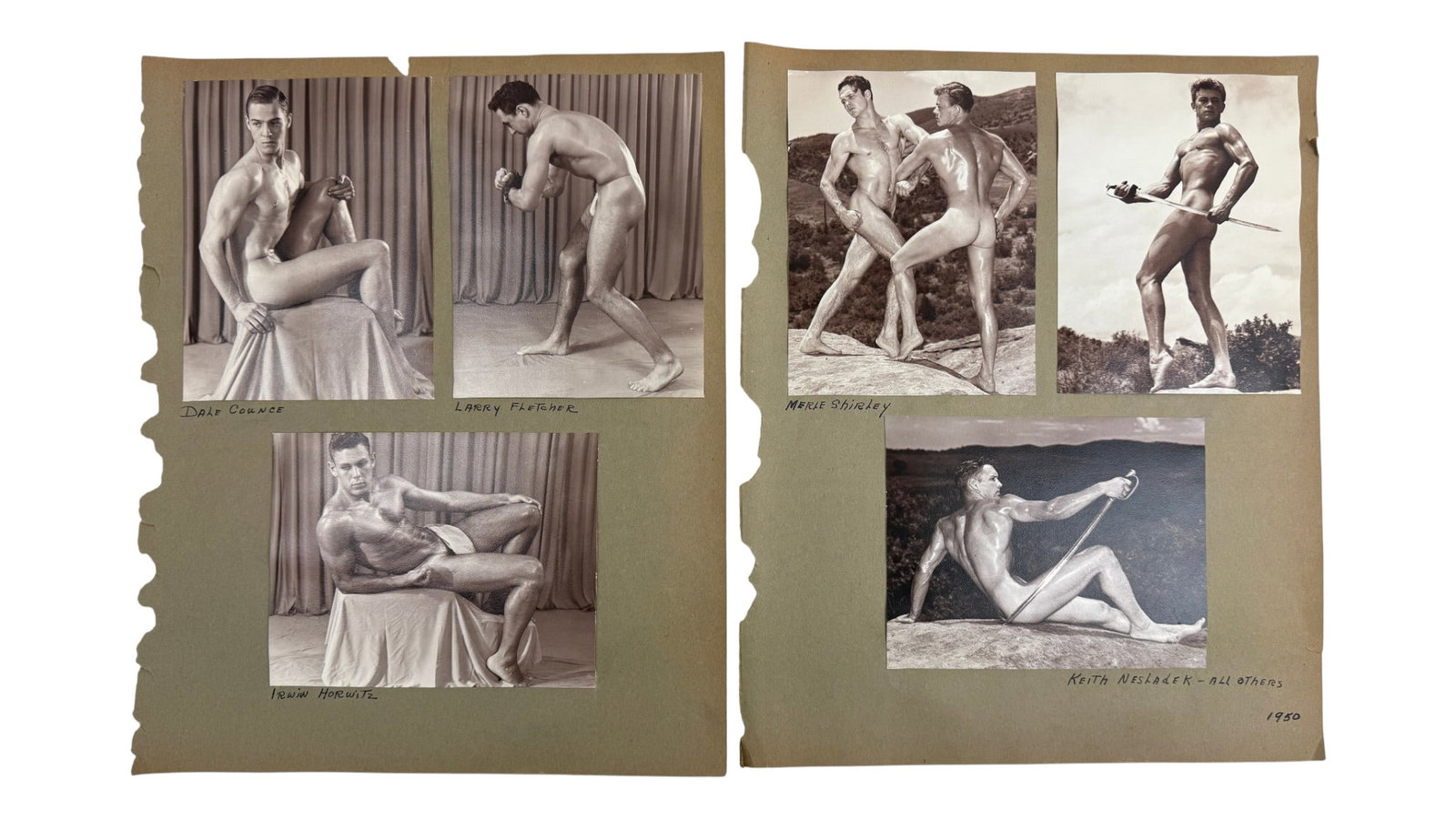 Male Nude Physique Photographs (4): Collection of four vintage photographs featuring Bill Sellers, Troy Bernard, and Irwin Horwitz, identified on mount. Outdoor physique studies, circa late 1940s–1950.