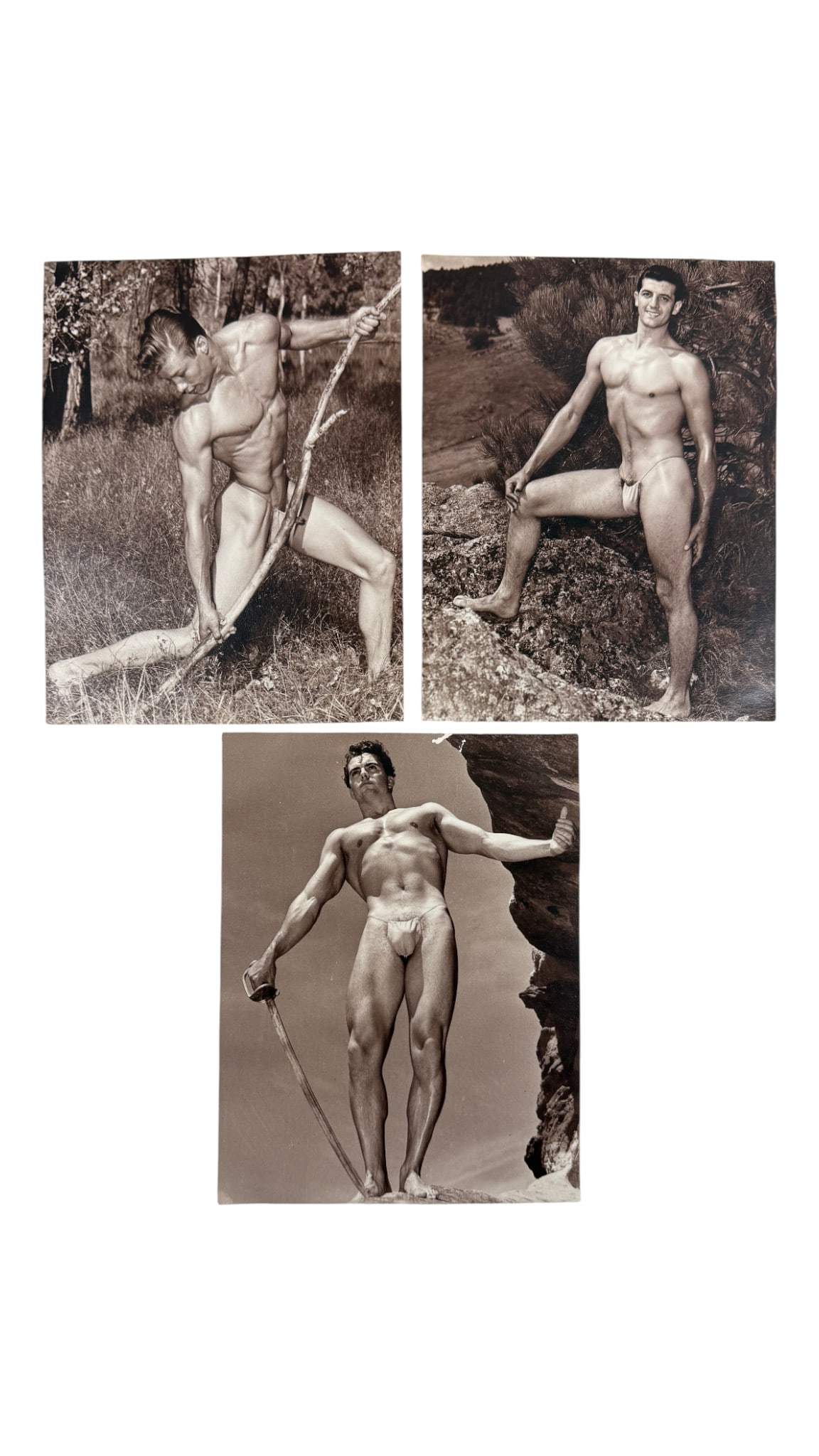 Male Nude Physique Photographs (3): Set of three outdoor physique photographs identified as Claude Gallegos, Joe Lettiera, and Ronnie Lenhart. Original vintage prints, circa 1950.