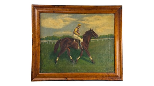 Horse Racing Antique Folk Art Oil Painting