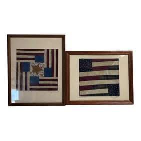 Pair of Framed Americana Quilt Flag Artworks