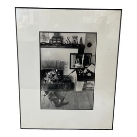 Framed Black and White Photograph of Cat and Fireplace Scene