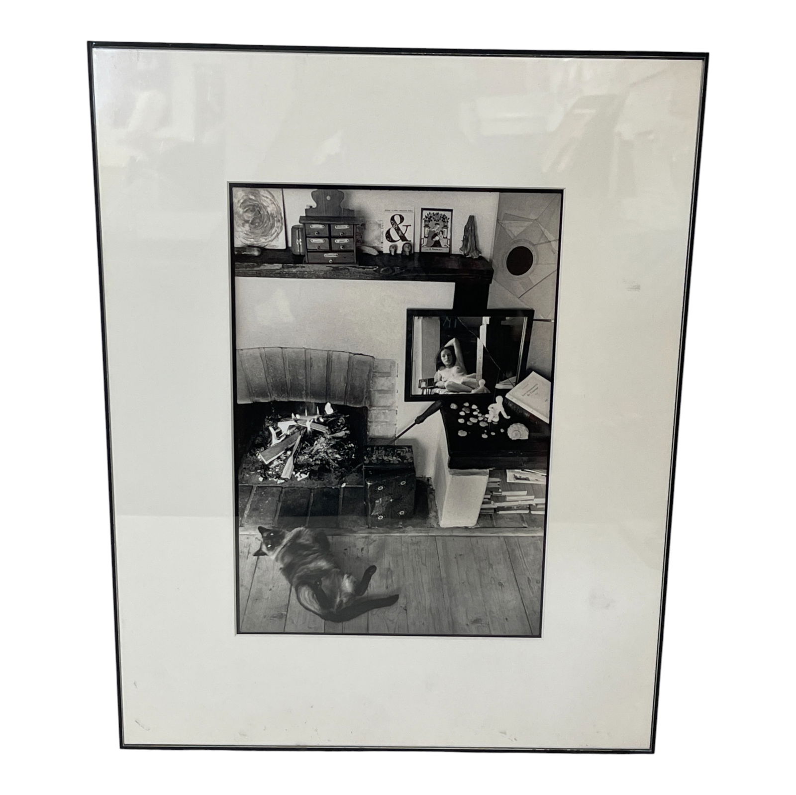 Framed Black and White Photograph of Cat and Fireplace Scene (1 of 4)