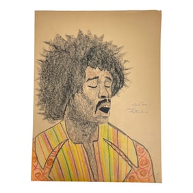 Signed by Jimi Hendrix Charcoal Portrait Male Figure Expressionist Style
