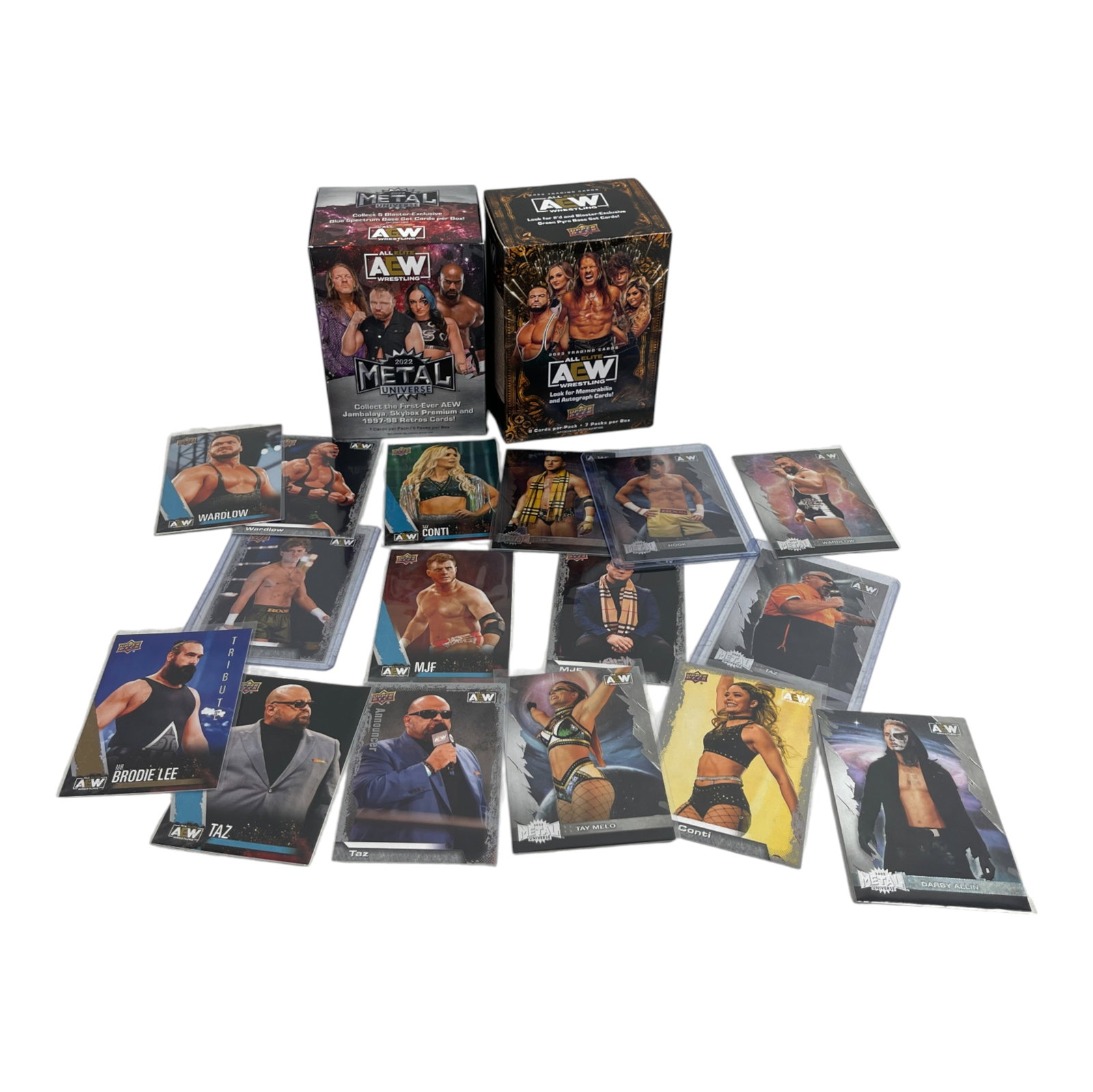 AEW Metal Universe and Upper Deck Trading Card Lot: All Elite Wrestling (AEW) Metal Universe and Upper Deck trading card lot featuring sealed boxes and multiple individual cards of top AEW wrestlers including Chris Jericho, MJF, Wardlow, Tay Melo, and 