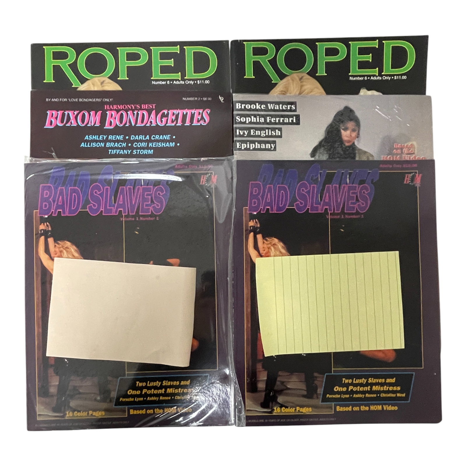 Adult Collector Magazine Lot 1980s: Large lot of adult collector magazines featuring multiple vintage titles including 'Roped', 'Ties That Bind', and 'Bad Slaves'. These 1980s?early 1990s issues highlight the distinctive aesthetics and 