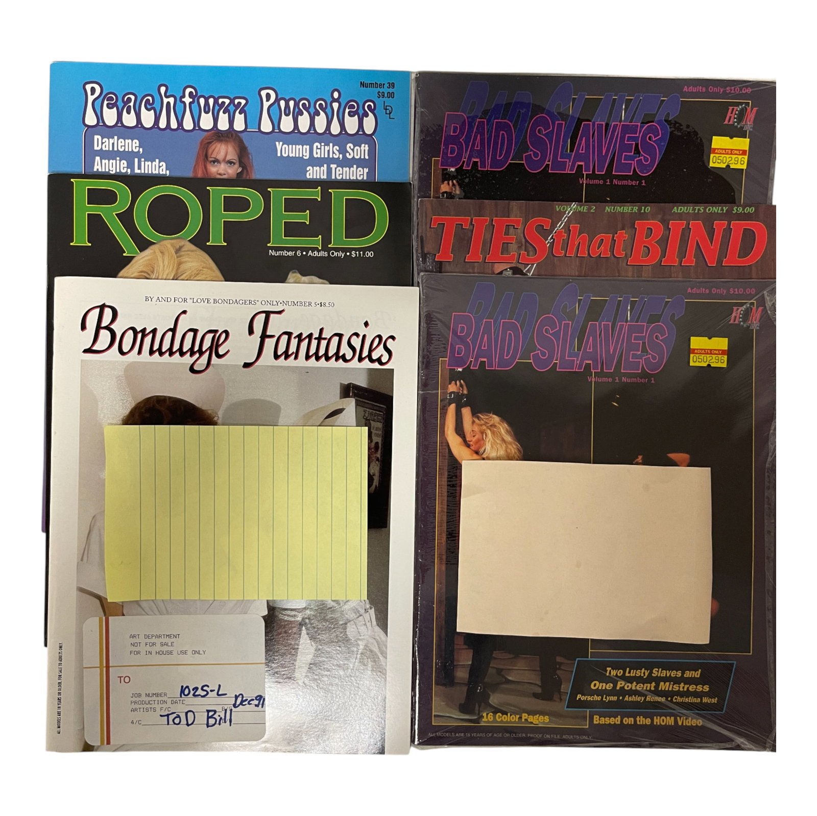Adult Collector Magazine Lot 1980s: Large lot of adult collector magazines featuring multiple vintage titles including 'Roped', 'Ties That Bind', and 'Bad Slaves'. These 1980s?early 1990s issues highlight the distinctive aesthetics and 