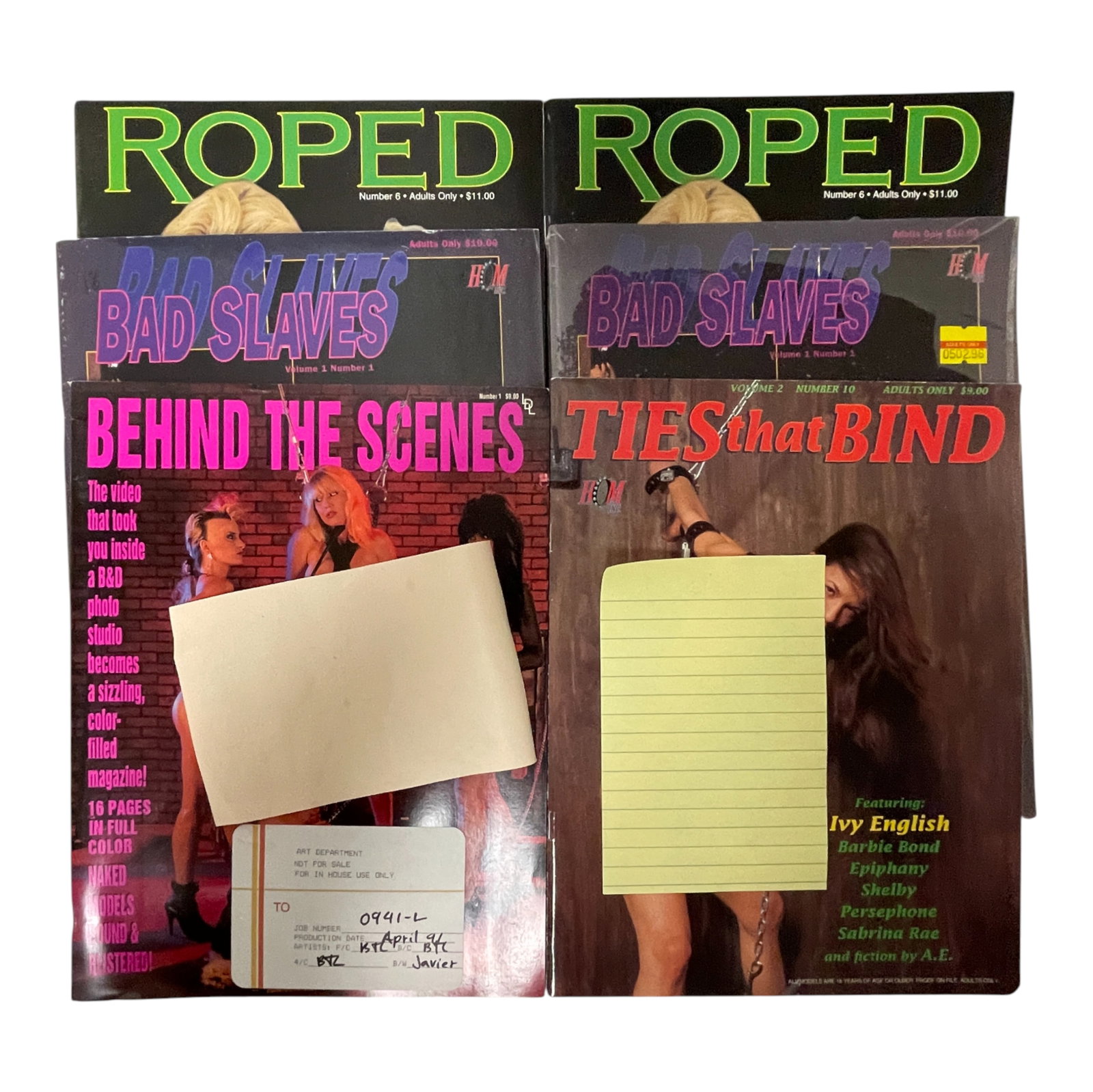 Adult Collector Magazine Lot 1980s: Large lot of adult collector magazines featuring multiple vintage titles including 'Roped', 'Ties That Bind', and 'Bad Slaves'. These 1980s?early 1990s issues highlight the distinctive aesthetics and 
