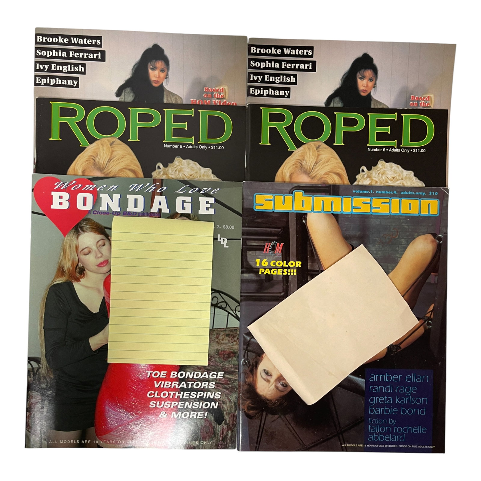 Adult Collector Magazine Lot 1980s: Large lot of adult collector magazines featuring multiple vintage titles including 'Roped', 'Ties That Bind', and 'Bad Slaves'. These 1980s?early 1990s issues highlight the distinctive aesthetics and 