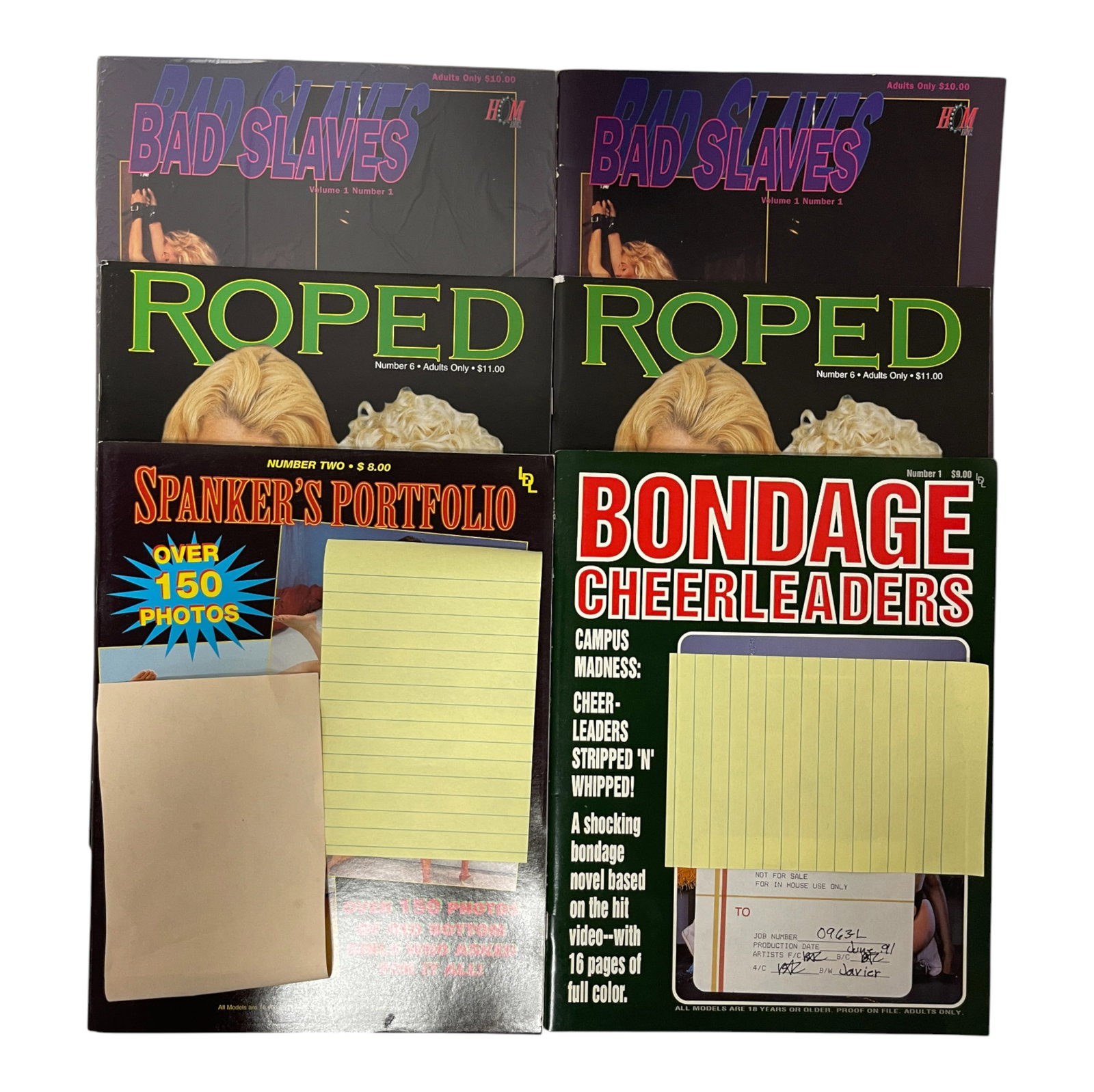 Adult Collector Magazine Lot 1980s: Large lot of adult collector magazines featuring multiple vintage titles including 'Roped', 'Ties That Bind', and 'Bad Slaves'. These 1980s?early 1990s issues highlight the distinctive aesthetics and 