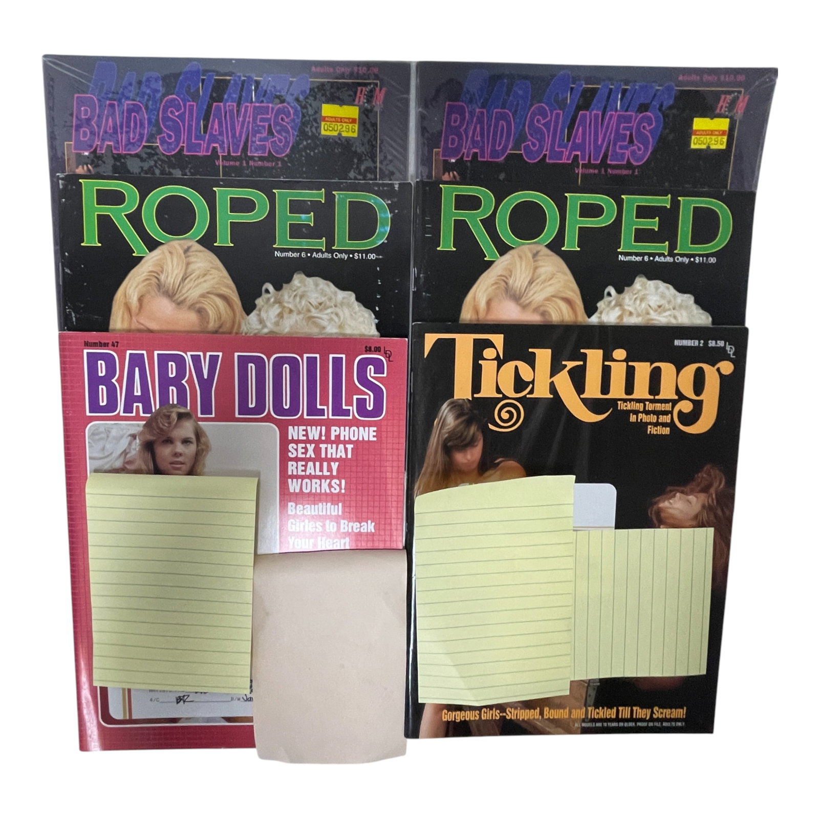 Adult Collector Magazine Lot 1980s: Large lot of adult collector magazines featuring multiple vintage titles including 'Roped', 'Ties That Bind', and 'Bad Slaves'. These 1980s?early 1990s issues highlight the distinctive aesthetics and 