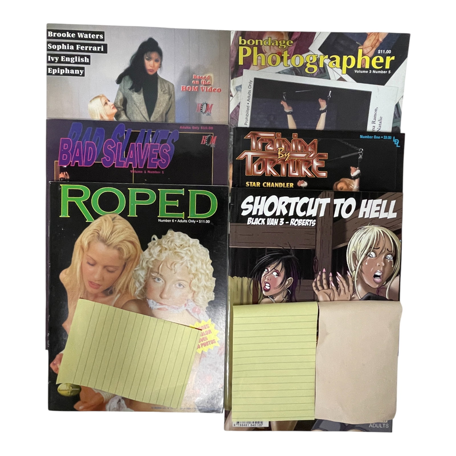 Adult Collector Magazine Lot 1980s: Large lot of adult collector magazines featuring multiple vintage titles including 'Roped', 'Ties That Bind', and 'Bad Slaves'. These 1980s?early 1990s issues highlight the distinctive aesthetics and 