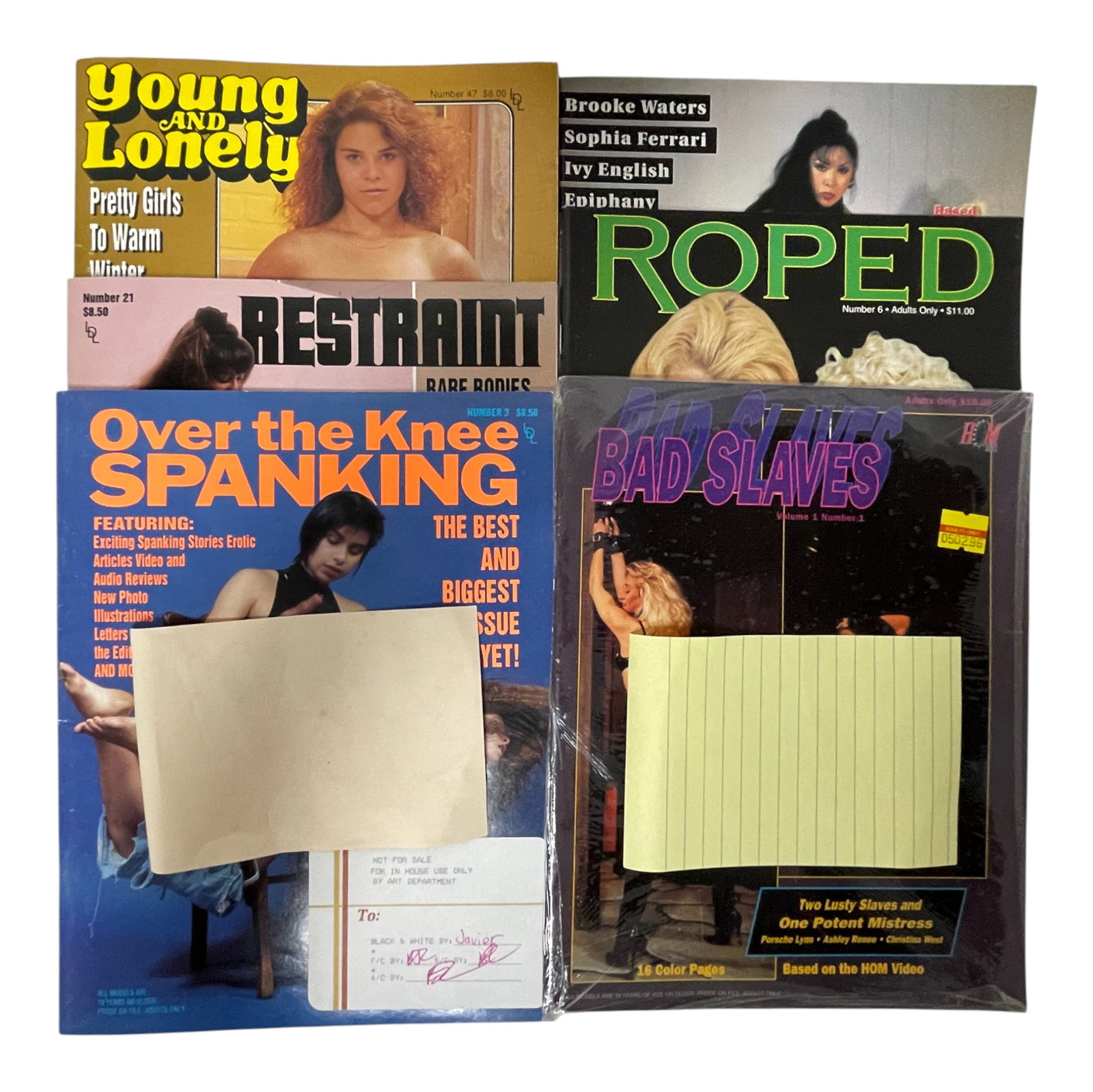 Adult Collector Magazine Lot 1980s: Large lot of adult collector magazines featuring multiple vintage titles including 'Roped', 'Ties That Bind', and 'Bad Slaves'. These 1980s?early 1990s issues highlight the distinctive aesthetics and 