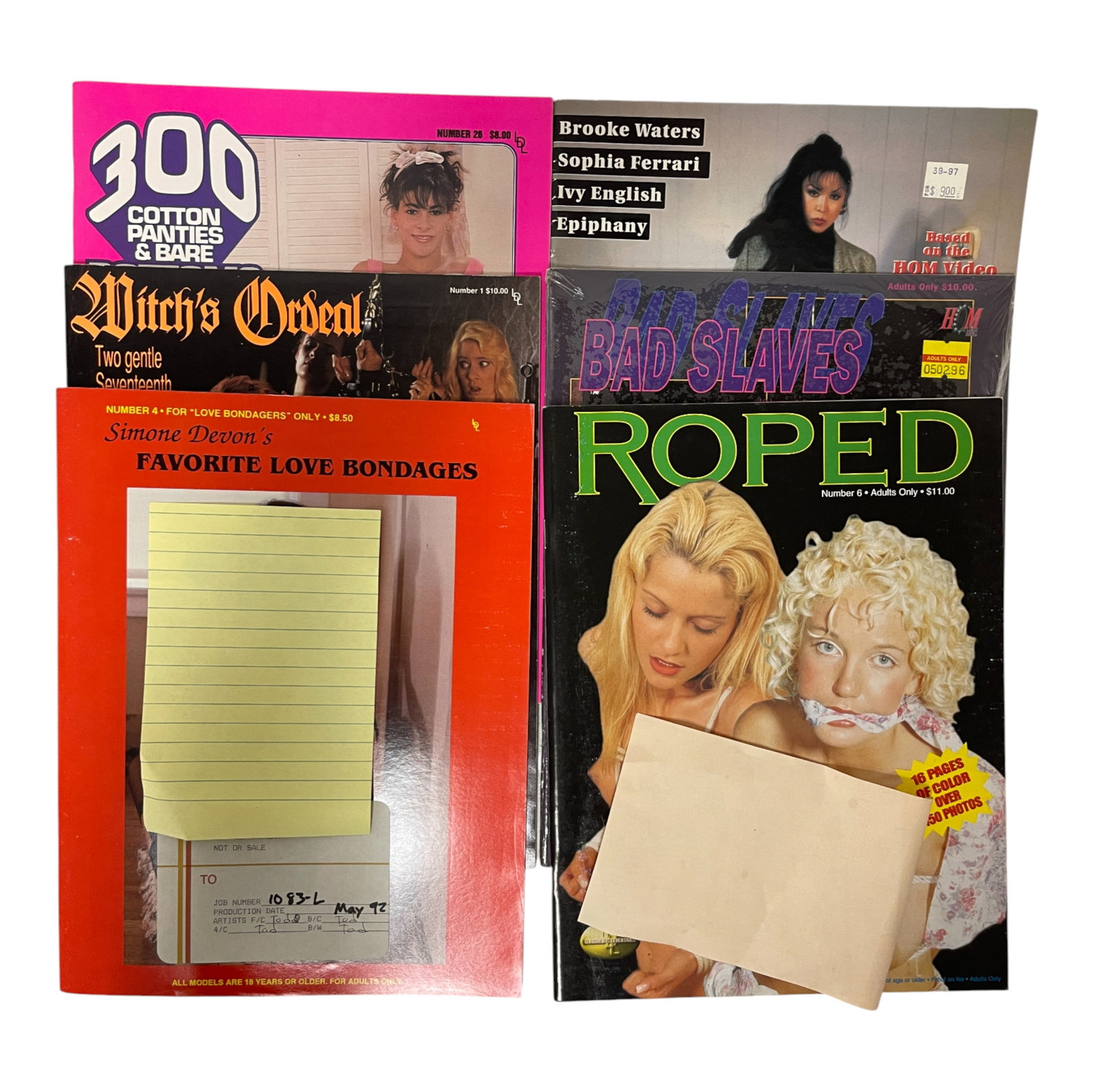 Adult Collector Magazine Lot 1980s: Large lot of adult collector magazines featuring multiple vintage titles including 'Roped', 'Ties That Bind', and 'Bad Slaves'. These 1980s?early 1990s issues highlight the distinctive aesthetics and 