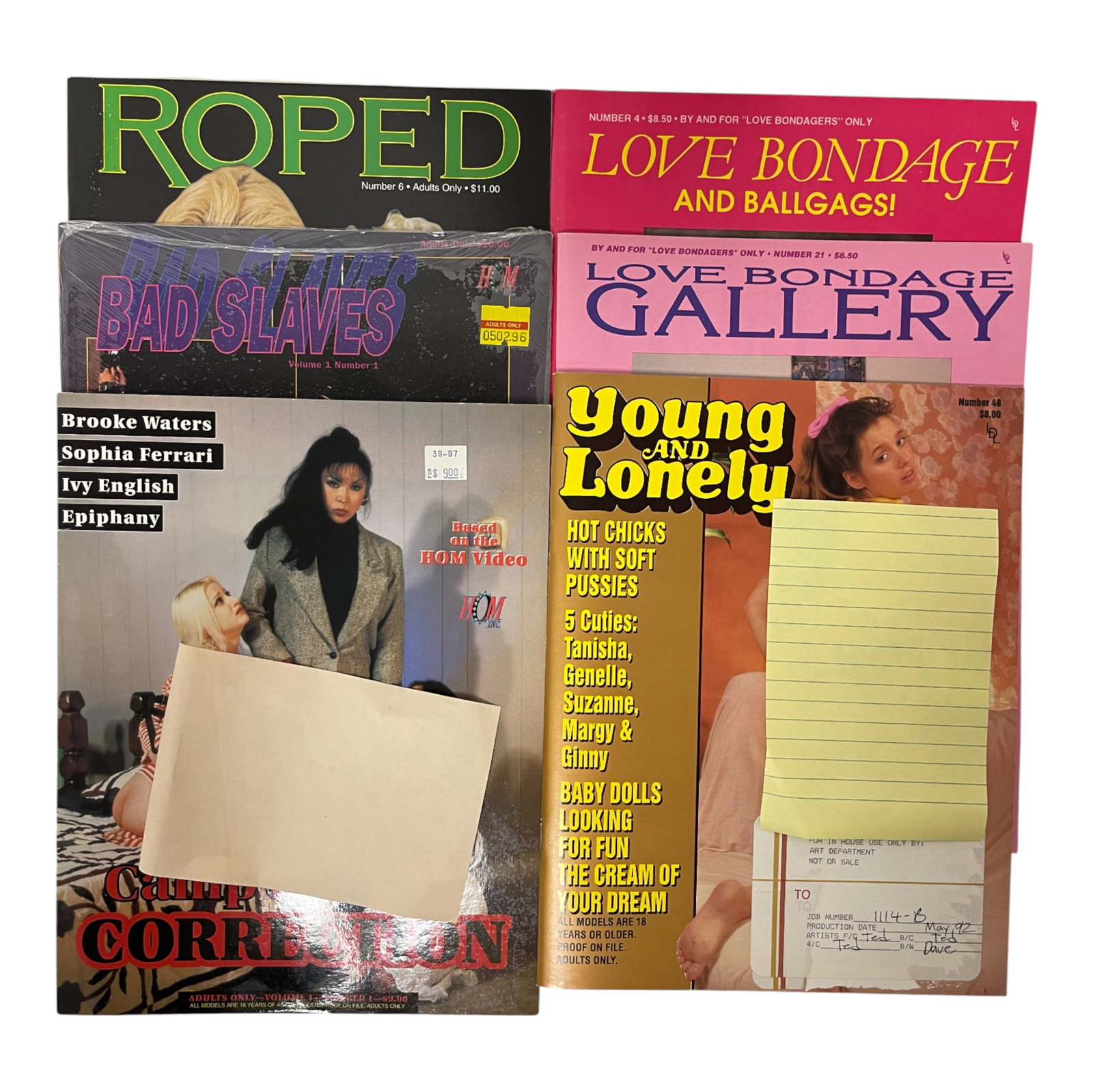 Adult Collector Magazine Lot 1980s: Large lot of adult collector magazines featuring multiple vintage titles including 'Roped', 'Ties That Bind', and 'Bad Slaves'. These 1980s?early 1990s issues highlight the distinctive aesthetics and 
