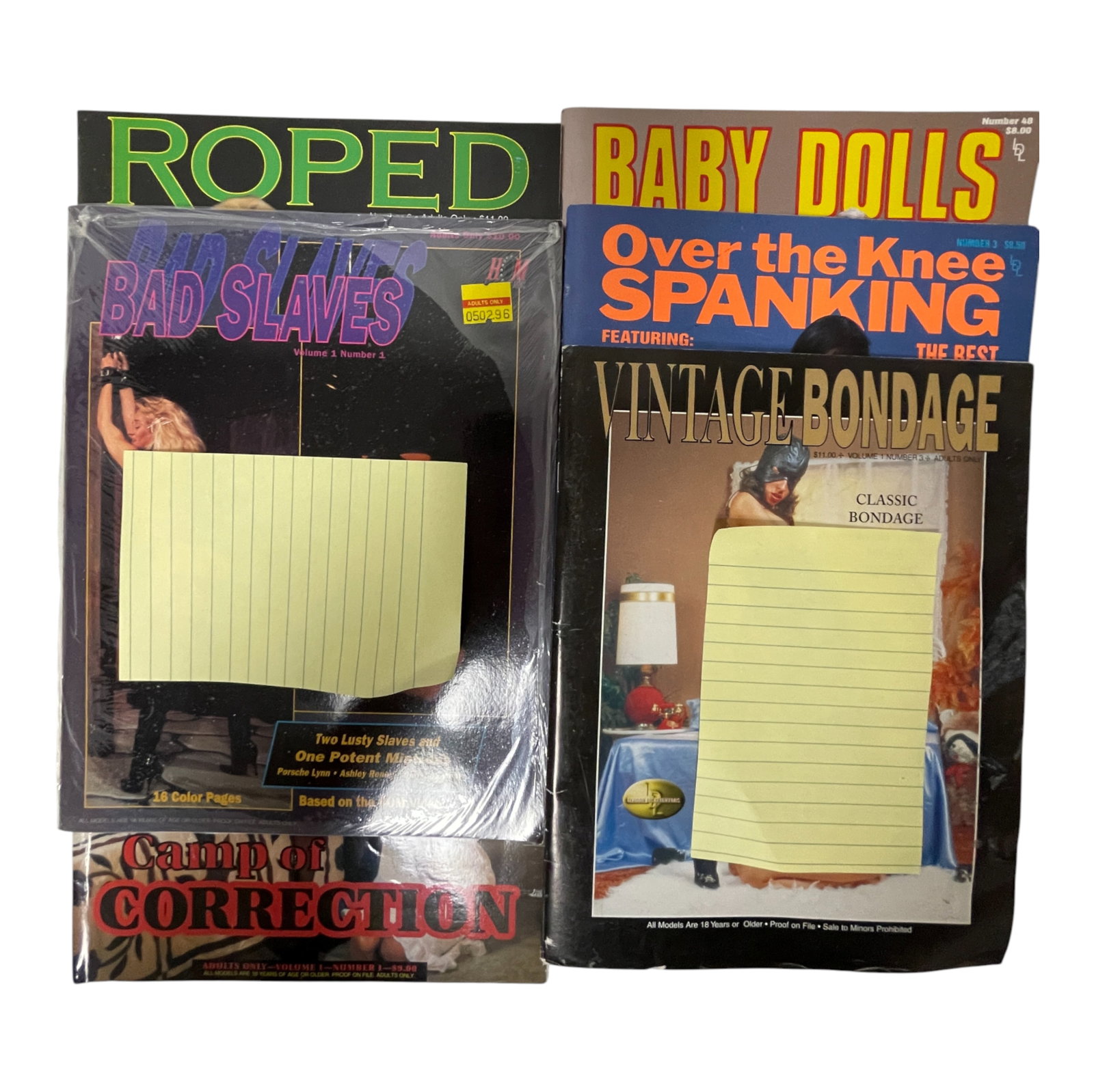 Adult Collector Magazine Lot 1980s: Large lot of adult collector magazines featuring multiple vintage titles including 'Roped', 'Ties That Bind', and 'Bad Slaves'. These 1980s?early 1990s issues highlight the distinctive aesthetics and 