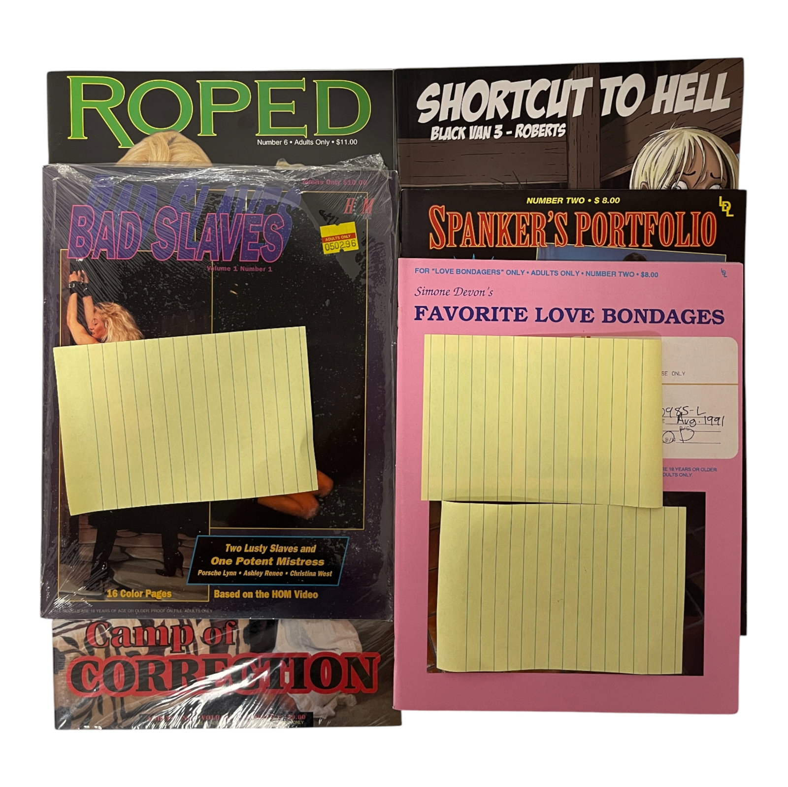 Adult Collector Magazine Lot 1980s: Large lot of adult collector magazines featuring multiple vintage titles including 'Roped', 'Ties That Bind', and 'Bad Slaves'. These 1980s?early 1990s issues highlight the distinctive aesthetics and 